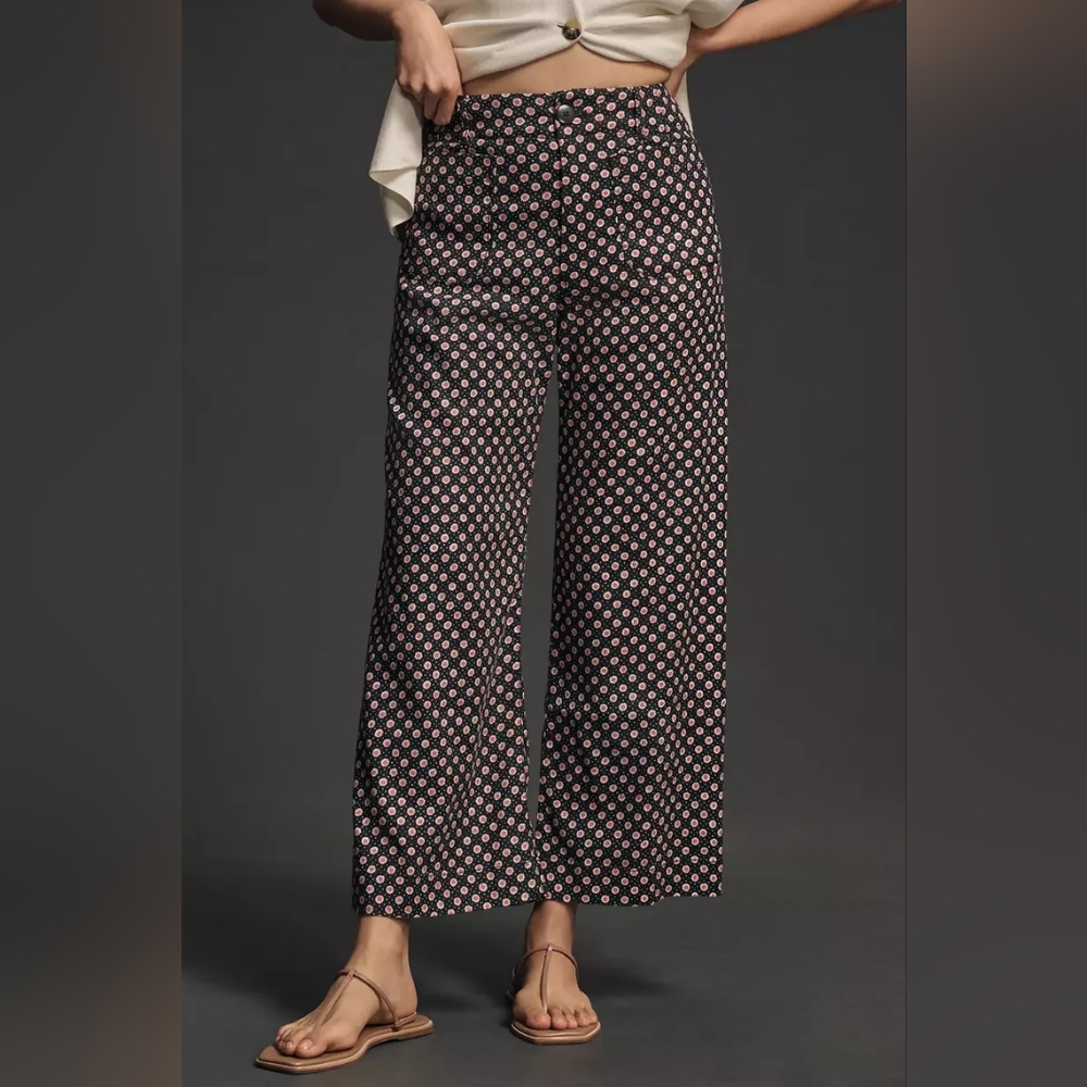 Anthropologie Black Wide-Leg Pants with Pink Floral Dot Print